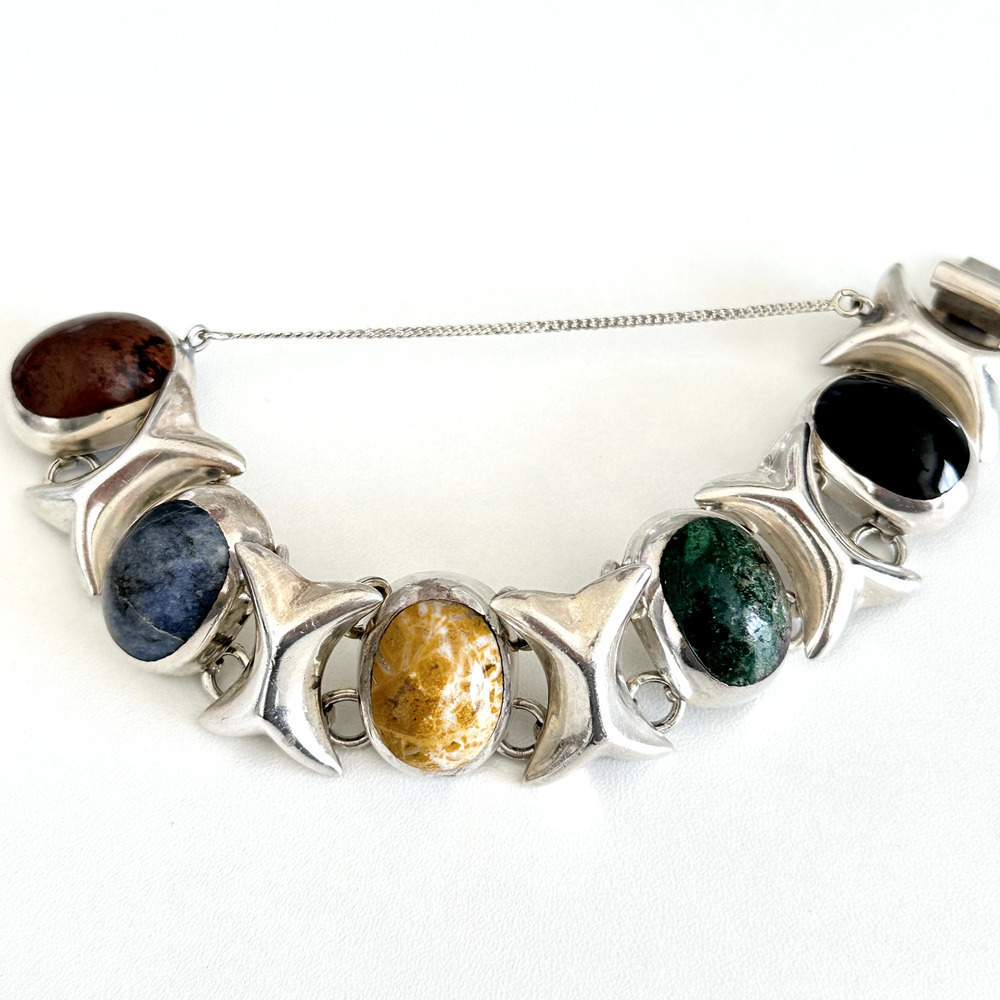 Taxco Vintage 925 Sterling Silver Heavy Chunky Multi Gemstone Link Bracelet 6.5"